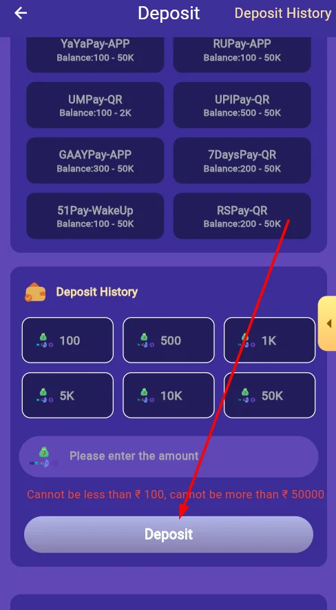Click the deposit button to complete the payment.